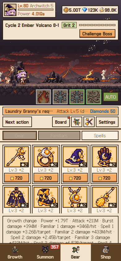 Late-game volcanic region with the equipment screen